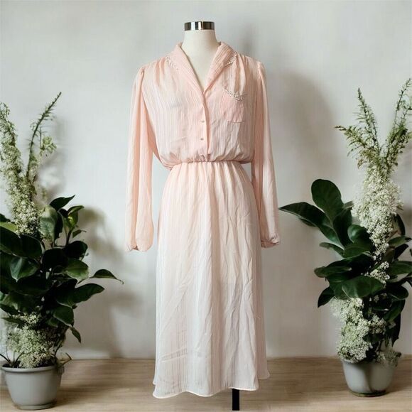 Vintage 1970s Pink Sheer Stripe Tie Secretary Midi Dress Summer Small S - Picture 1 of 7